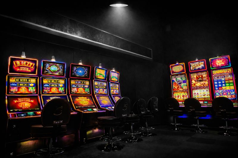 Row of colorful slot machines glowing under a single spotlight in an otherwise dark casino room