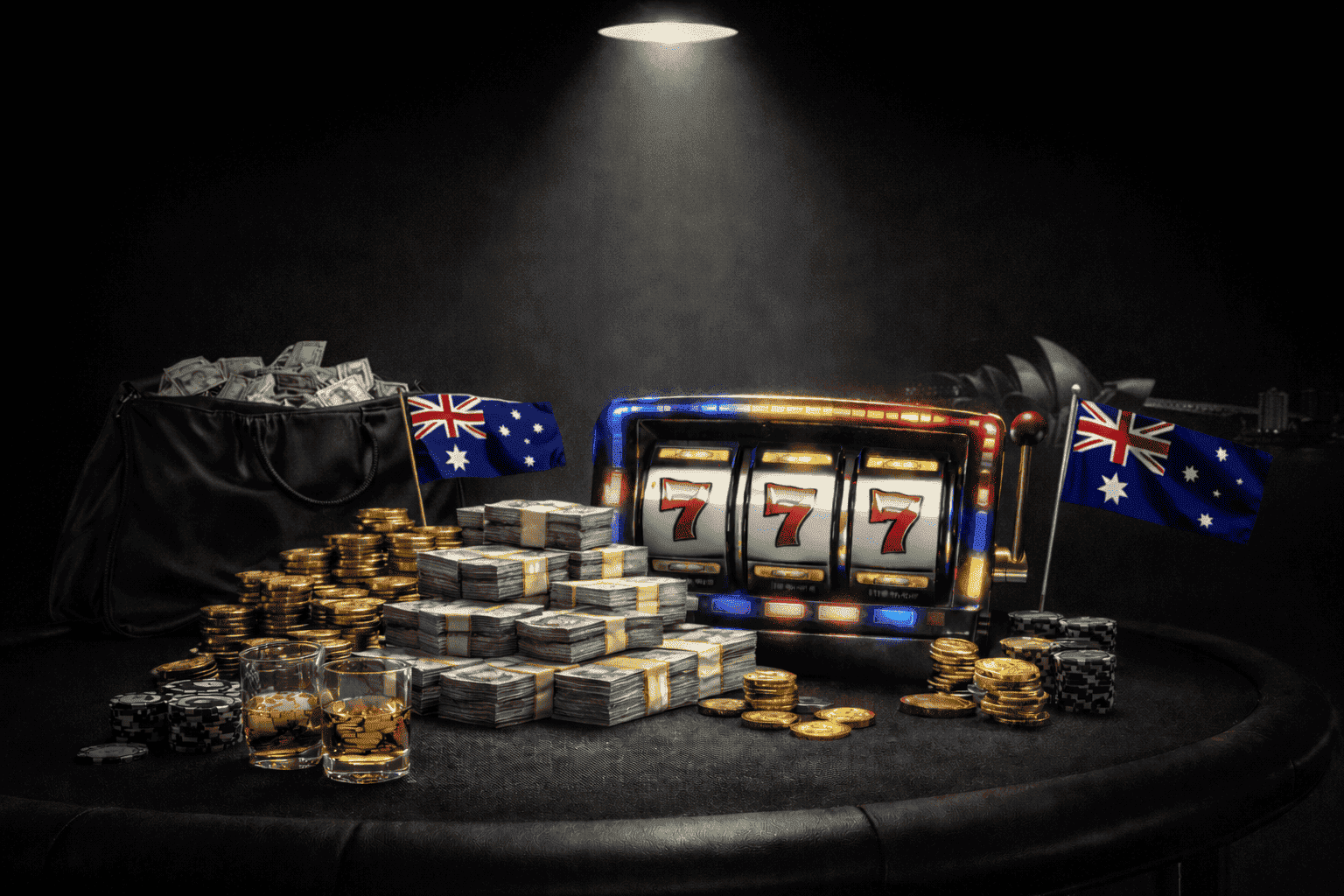 Dimly lit casino scene in black and white with glowing slot machines, a roulette wheel and stacks of cash, highlighted by subtle Australia-themed details under a spotlight