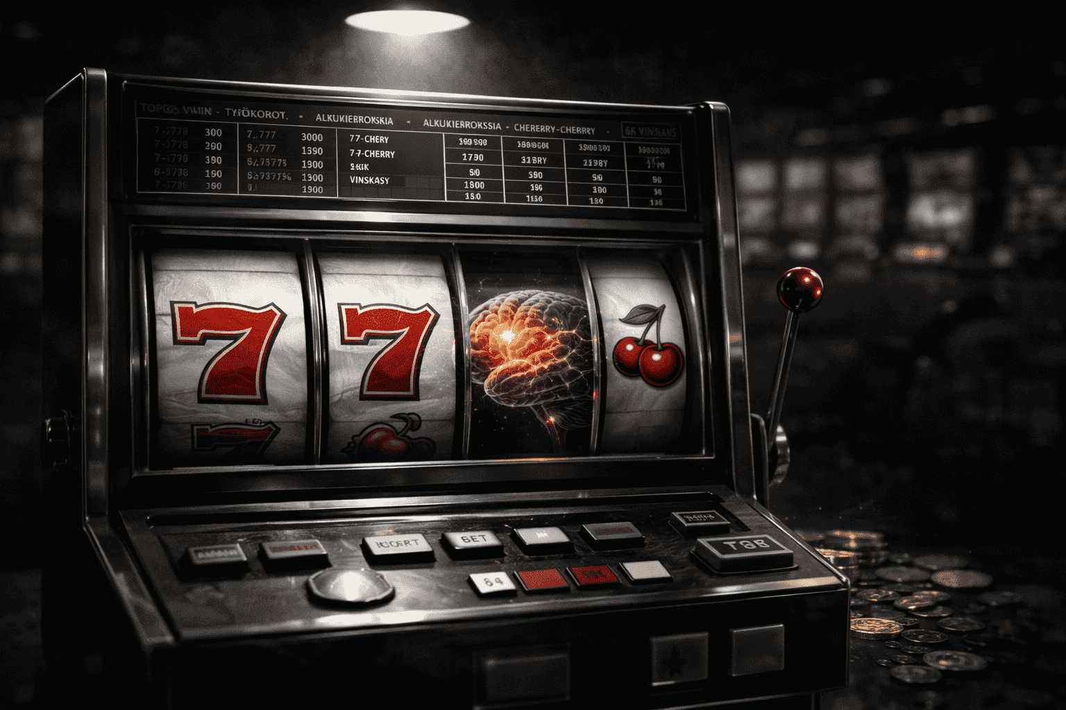 The Psychology of “Almost Winning” Classic black slot machine under a single spotlight in a dark blurred casino, showing two red sevens and a glowing brain symbol on the reels, with scattered gold coins beside it.