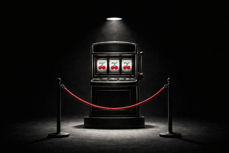 Classic slot machine under a spotlight with security rope, cinematic black and white style