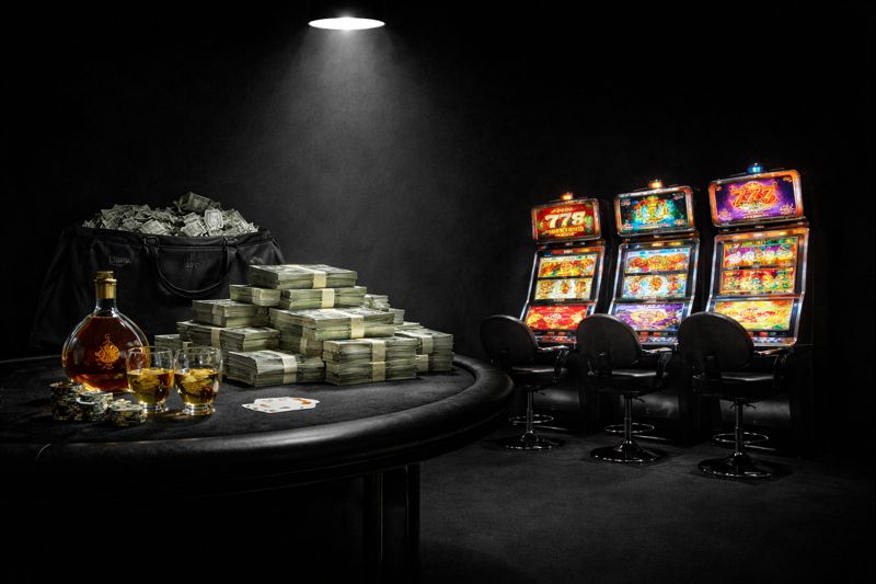 High-stakes casino scene with bright slot machines on the right and a poker table stacked with bundles of cash, expensive whiskey and chips under a spotlight on a dark background