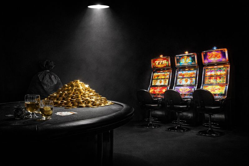 Row of colorful slot machines on the right and a poker table with a pile of gold coins and simple drinks under a spotlight in an otherwise dark casino room