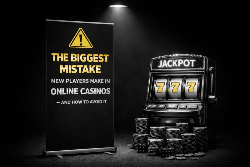 Cinematic black and white image of a slot machine with 777 reels next to a warning banner