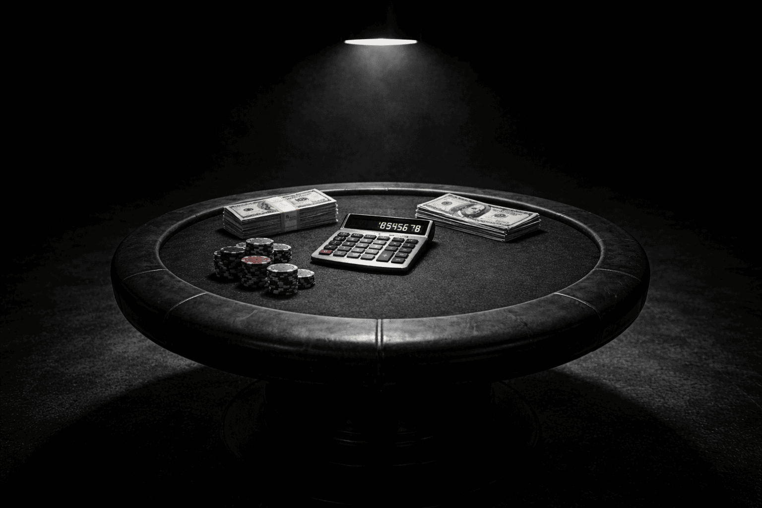 Cinematic black-and-white scene of a small table under a spotlight with a calculator, notepad and scattered banknotes in soft color, symbolising a casino bonus turnover calculator.