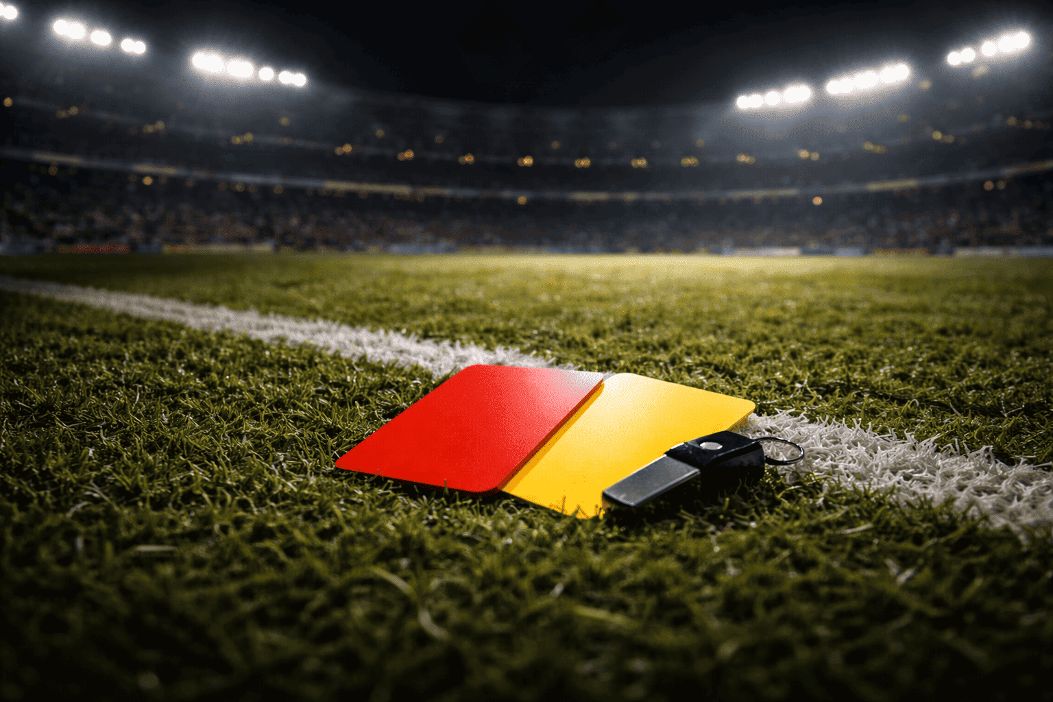 Red and yellow referee cards with a black whistle lying on the grass near the touchline, under bright stadium floodlights with a blurred crowd in the background.