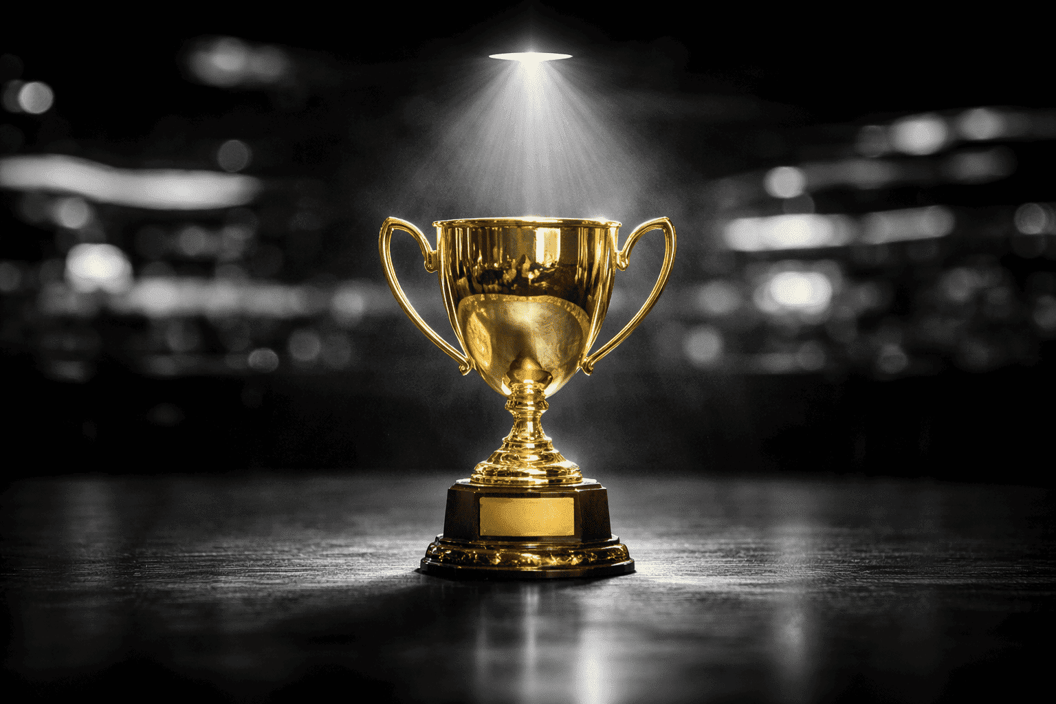 How Casino Tournaments Actually Work Gold trophy under a single spotlight in a black-and-white blurred casino setting, isolated on a dark surface with only the cup kept in full color.