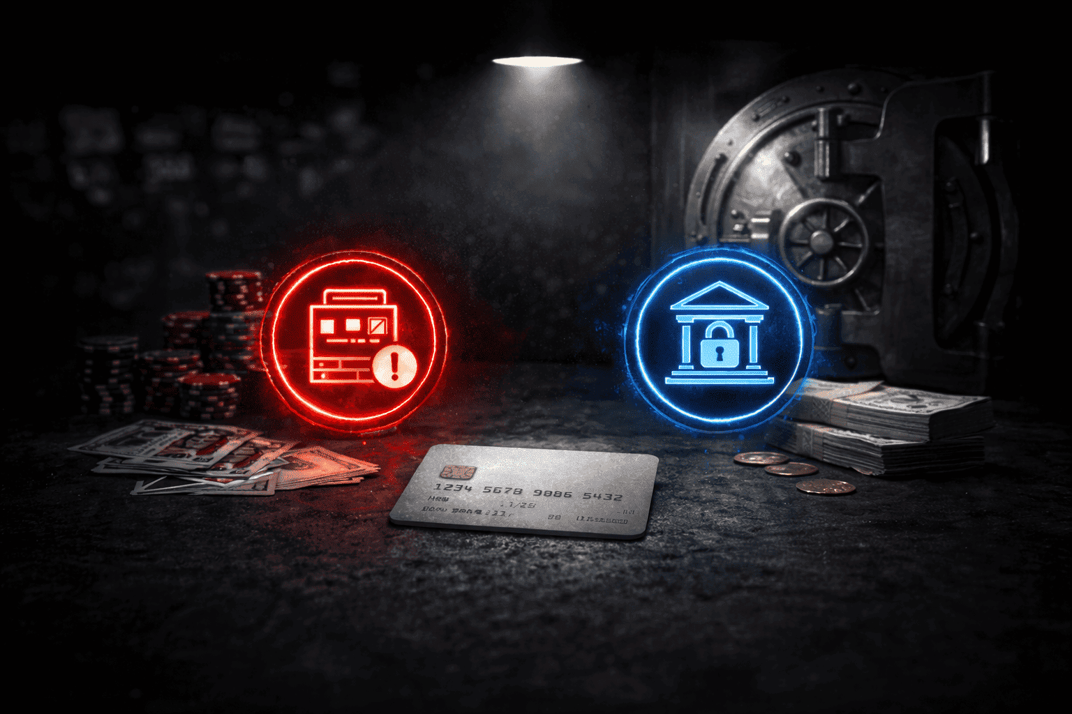 Casinos vs Banks: Why Card Deposits Get Reversed or Blocked Dark cinematic scene under a single spotlight, with a bank card lying on a black surface between a glowing red casino warning icon and a blue bank security icon, with poker chips, playing cards, cash, coins, and a vault in the background.