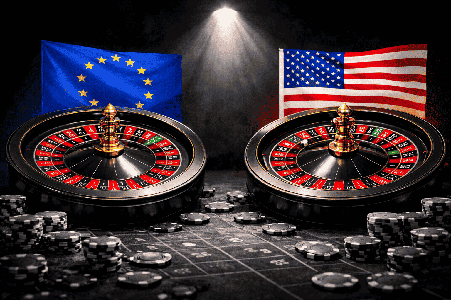 European vs American Roulette European and American roulette wheels side by side on a chip-covered casino table, with the blue EU flag behind the left wheel and the US flag behind the right wheel, both lit by a single spotlight in a dark room