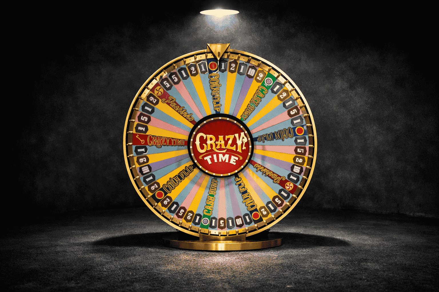 Bright, colorful Crazy Time money wheel standing alone on a gold base under a single spotlight in a dark, empty room, with all segments and multipliers clearly visible.