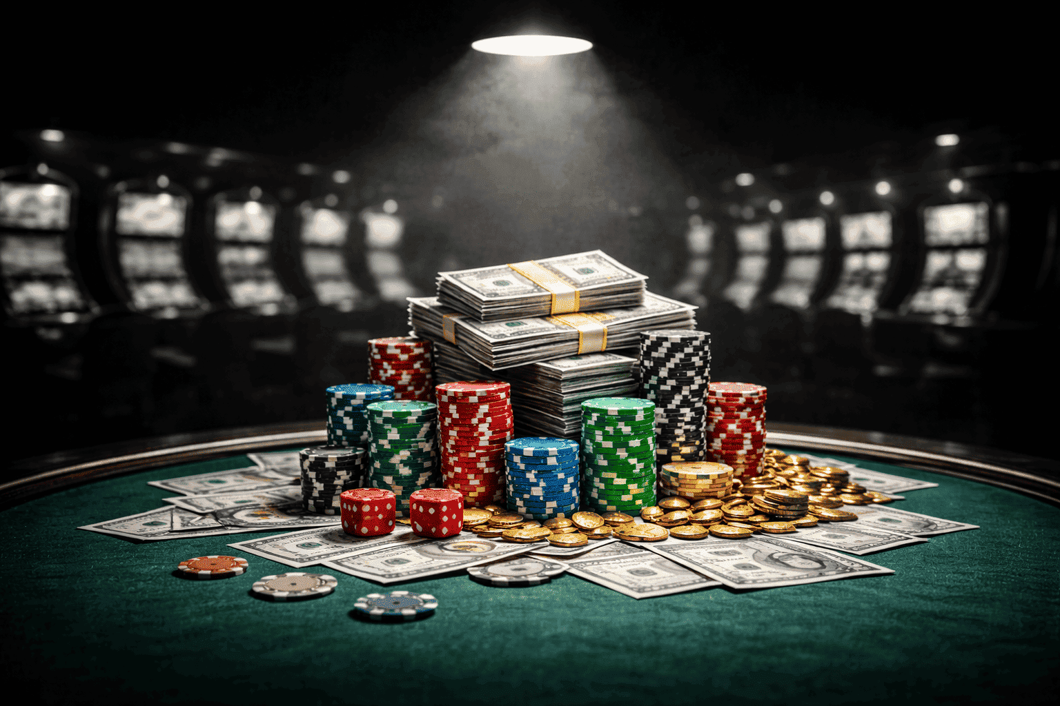 Selective-color casino table under a spotlight with neat stacks of cash, gold coins, and multicolored poker chips in the center, surrounded by a dark, blurred black-and-white background of slot machines.