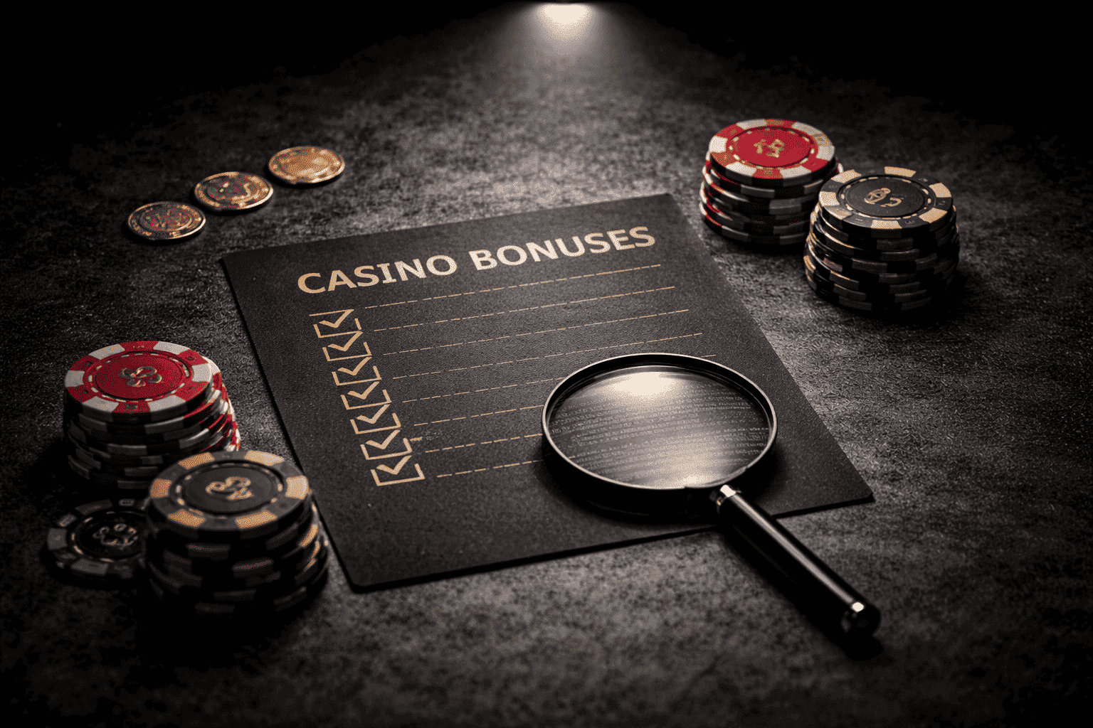 How to Compare Casino Bonuses Like a Pro Casino bonus comparison checklist with chips and cards under spotlight