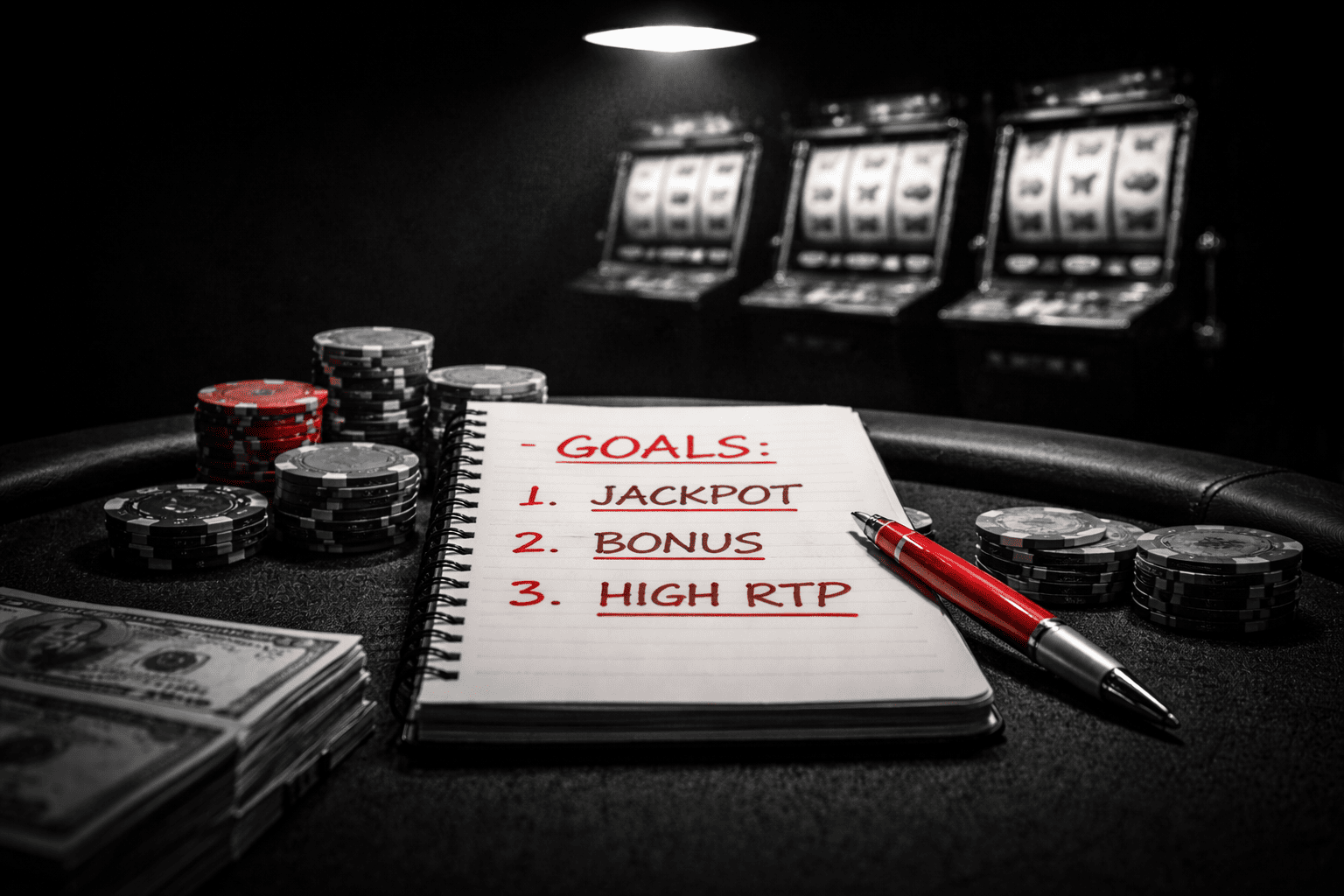Black-and-white slot machine reels and chip stacks on a casino table, with a few colored labels pinned to the machine representing different player goals, all under a focused spotlight.