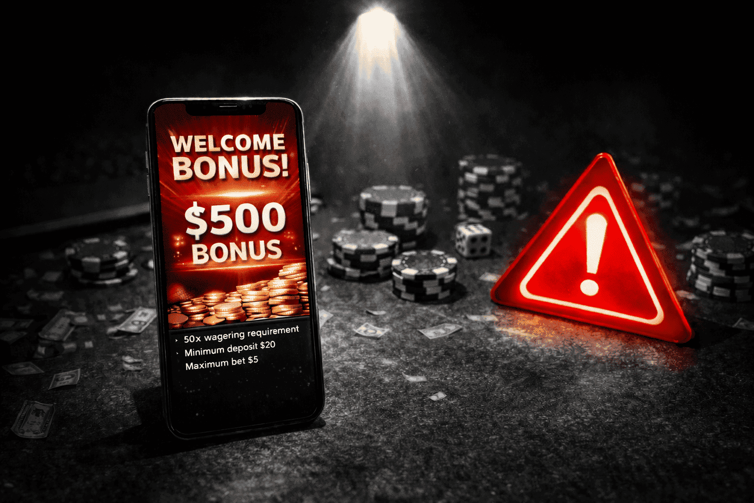 How to Read a Welcome Bonus Without Missing the Trap Smartphone on a dark casino table under a spotlight showing a colorful “$500 welcome bonus” offer with small print terms, next to a glowing red warning sign and blurred chips in the background.
