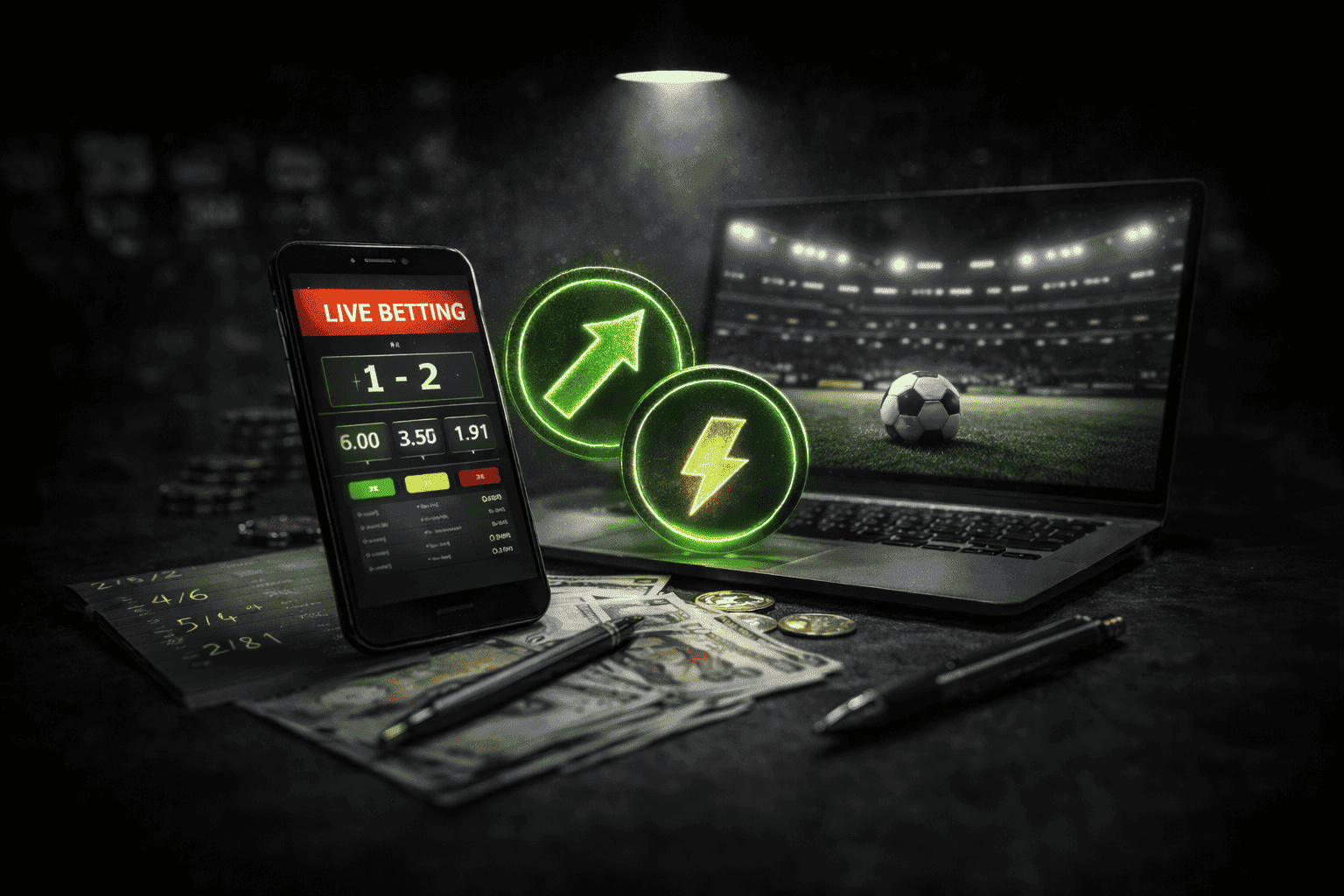 Live Betting: The 3 Situations Where It’s Actually Better Than Pre-Match Dark cinematic live-betting scene under a single spotlight, with a smartphone showing a 1–2 score and odds of 6.00, 3.50, and 1.91, beside a laptop displaying an empty football stadium and a ball on the pitch.