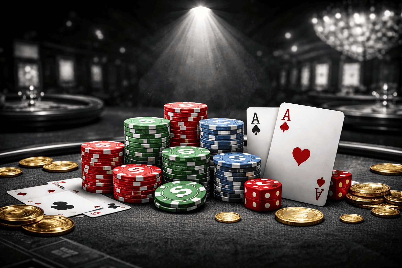 Low-Stakes Live Casino Strategy Stacks of red, green, and blue casino chips with two aces and scattered gold coins on a blackjack table under a single bright spotlight, with the rest of the casino blurred in black and white