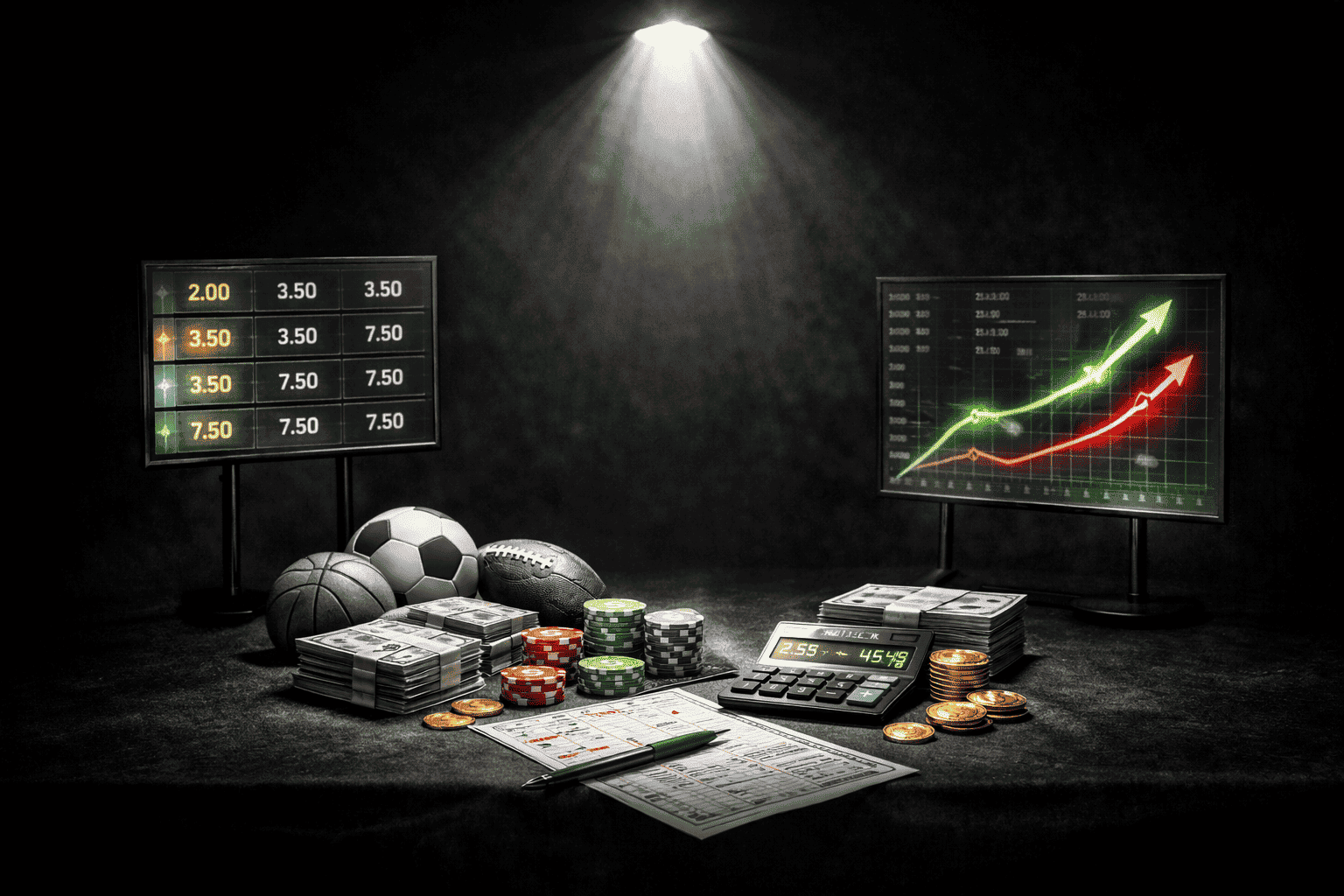 How Odds Translate Into Probability Dark cinematic betting table under a single spotlight, with small stacks of cash, poker chips, gold coins, a calculator and betting slips in the foreground, and two glowing screens in the background showing decimal odds and rising green/red probability graphs.
