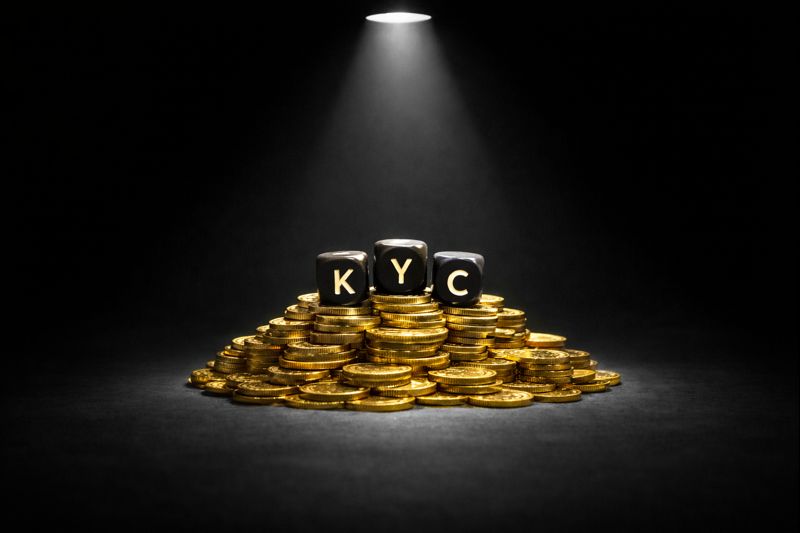 KYC letters on black dice sitting on a spotlighted pile of gold coins against a dark casino-style background