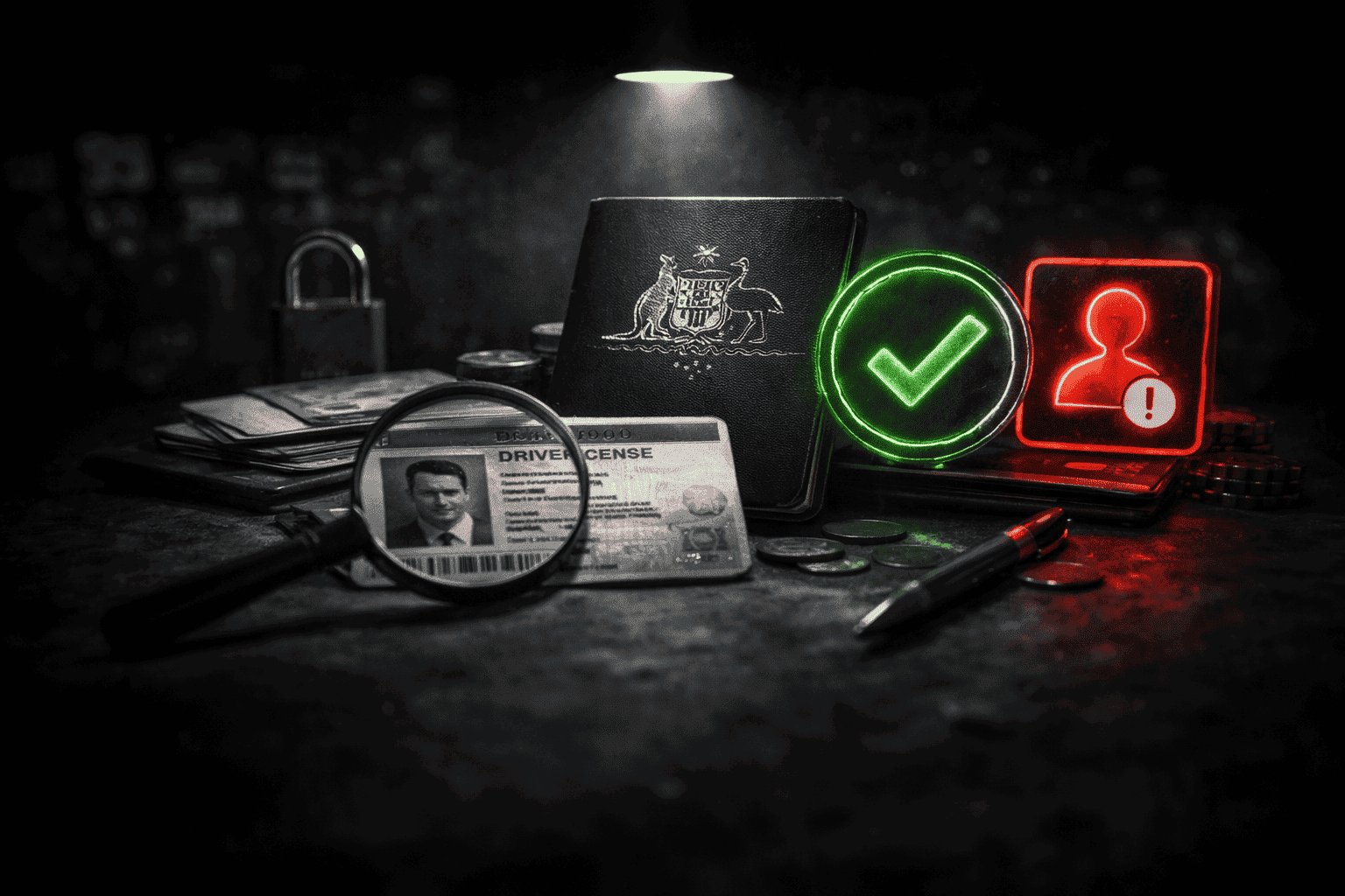 Identity Verification Myths Dark cinematic verification scene under a single spotlight, featuring an Australian-style passport with gold crest, a magnified driver’s license, glowing green approval and red warning icons, and scattered documents on a black surface.