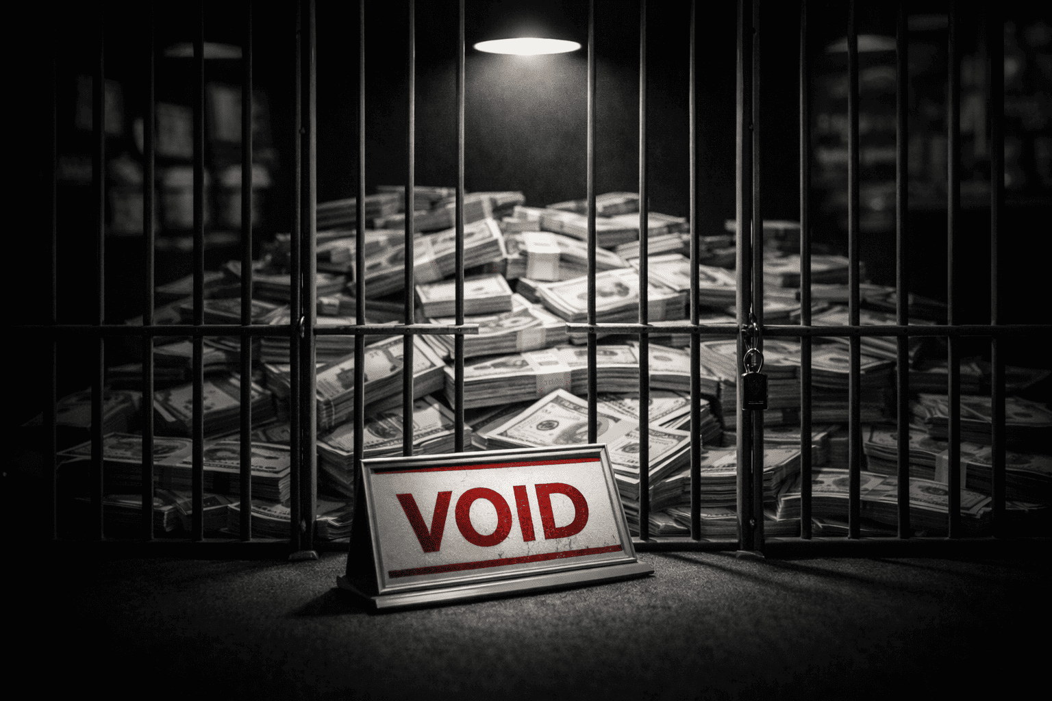 Dramatic black-and-white image of a casino cashier cage packed with stacks of banknotes behind locked bars, with a red “VOID” desk sign illuminated in the center spotlight.